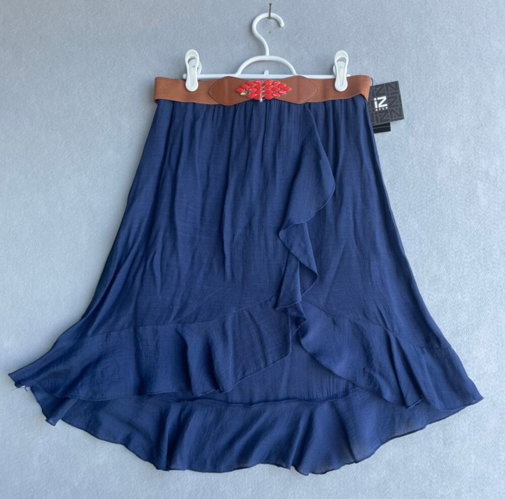 NWT iZ BYER NAVY BLUE ASYMMETRICAL HIGH-LOW RUFFLE GIRLS SKIRT - SIZE LARGE